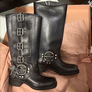 Miu Miu Black Leather Buckle Moto Boots